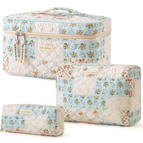 HBselect Quilted Makeup Bag, 3PCS Cotton Large Travel Makeup Bag, Cute Floral Coquette Make up Bag Cosmetic Bag Toiletry Bag for Women Girls - color: A-3PCS-Floral 4