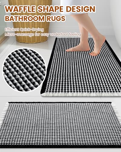 Smiry Waffle Bath Mat 30x18, Extra Soft Absorbent Bathroom Rugs, Non Slip Machine Washable Quick Dry Bath Rugs for Bathroom Floor, Tub, Shower, Home Decor Accessories, Black & Cream - color: Black & Cream, size: 30'' X 18''