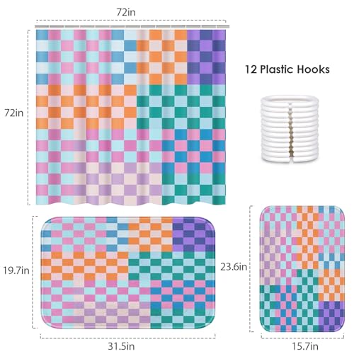 ArtSocket Retro Checkered Bathroom Set with Shower Curtain and Bath Rugs and Accessories,Colorful Funky Checkerboard Non-Slip Shower Curtain Set,Bathroom Decor 3 Pcs - color: Retro Checkered