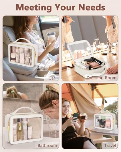 Soimeat Clear Makeup Bag, Portable Travel Cosmetic Bags, Multipurpose Leather Toiletry Bag with Zipper, Waterproof Transparent Cosmetic Organizer for Women, Large, Beige - color: Beige, size: Large