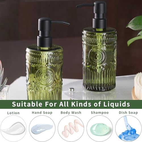 17 OZ Sunflower Embossed Glass Soap Dispenser - 2 Pack, with 304 Rust Proof Stainless Steel Pump, Glass Soap and Lotion Dispenser Set, Liquid Hand Soap Dispenser for Home, Kitchen & Bathroom (Green) - color: Green