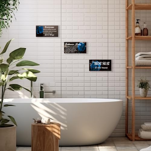 DONFENTHY 3 Pcs Blue Bathroom Rules Decor Blue Bathroom Decor Rustic Farmhouse Wooden Best Seat in The House Blue Rose Hanging Wall Art Blue Bathroom Accessories for Bathroom Toilet Decor(Blue10x5") - color: Blue Rose