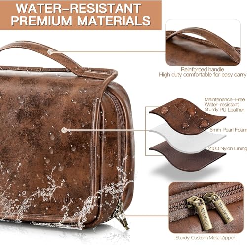 Elviros Hanging Toiletry Bag Removable Travel Bag PU leather Makeup Cosmetic Organizer Kit, Dark Brown | Removable Travel Organizer Bag for Cosmetics, Toiletries, Makeup Tools, and Daily Essentials with Easy Carry Design - color: Dark Brown, size: 1 Pack