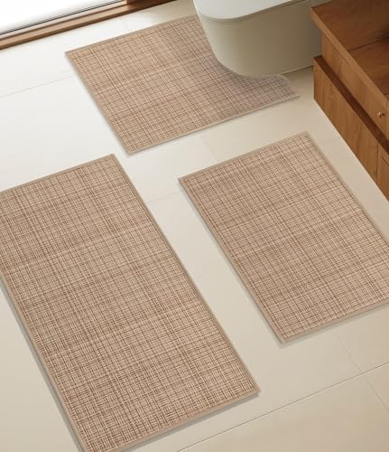 YIHOUSE Bathroom Rugs Sets 3 Pieces, Khaki Ultra Thin Bath Mats Fit Under Door, Absorbent Quickly Dry Rubber Backing Braided Bath Mat Set, Non Slip Washable Bath Rugs for Bathroom Floor, Khaki - color: Khaki Multi, size: 3pieces