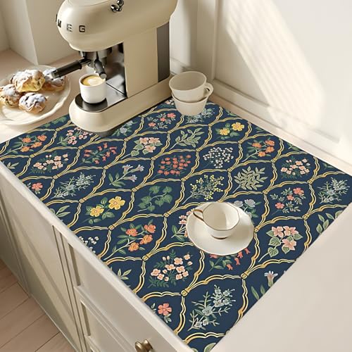 2Pcs Dish Drying Mats Faucet Mats Sets Large Size Coffee Mats Sink Faucet Mat Splash Guard for Kitchen Counter Bathroom Sink Coffee Bar Kitchen Decor (Vintage Flowers, 18"x24" 15" x 5.5"Set) - color: Vintage Flowers