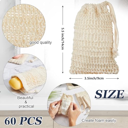 Rtteri 120 Pcs Soap Saver Bags & Bamboo Soap Holder Set Exfoliating Sisal Soaps Washing Bags Self Draining Wooden Bar Soaps Dish for Shower Bath Toilet Kitchen Restaurant