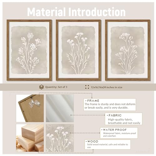 Framed Boho Botanical Flower Wall Art Set of 3, Vintage Minimalist Neutral Floral Wall Decor Paintings, Rustic Farmhouse Wildflower Artwork Prints Picture for Living Room Bedroom Bathroom 16x24 Inch - color: Gray Flowers, size: 24"L x 16"W