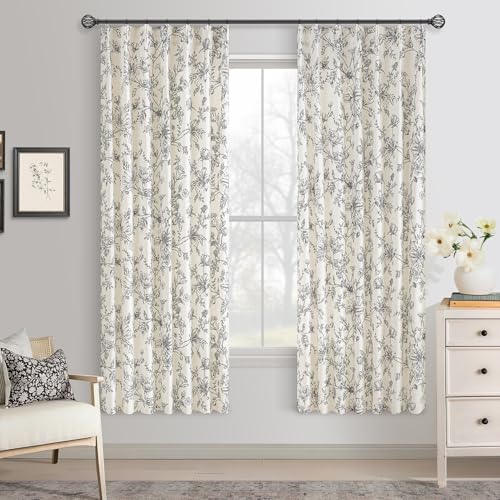 TWODRAPES Black Floral Linen Curtains 72 Inch 2 Panels for Cabinet Closet Farmhouse Country Light Filtering Back Tab Peony Flower Printed Drapes Semi Sheer Patterned Curtain for Living Dining Room - color: Black, size: 40"W x 72"L (Pack of 2)