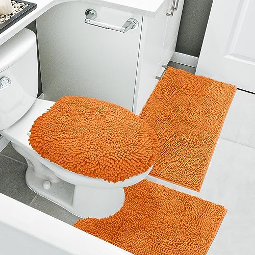 HOMEIDEAS 3 Pieces Orange Bathroom Rugs Set, Ultra Soft Non Slip Bath Rug and Absorbent Bath Mat, Includes U-Shaped Contour Rug, Bath Mat and Toilet Lid Cover, Perfect for Bathroom, Tub - color: Orange, size: 20"x32"+U 20"x24"+Cover 18"x21"