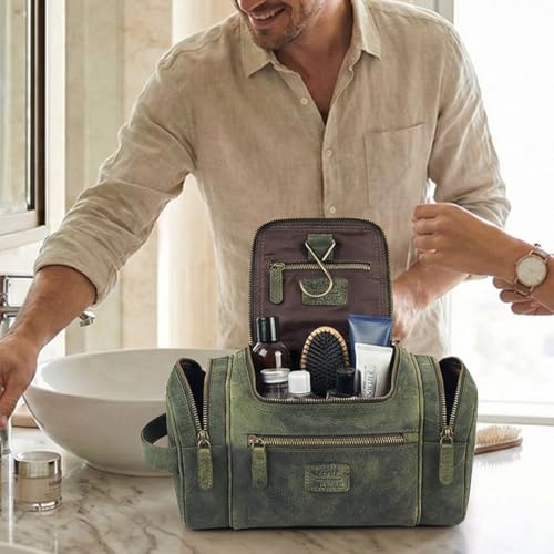 LEATHER VILLAGE Genuine Leather Travel Dopp Kit for Men & Women – Water-Resistant Large-Capacity Hanging Toiletry Bag for Travel, Grooming, Bathroom Organization, Shaving Essentials & Gym Use - Olive - color: Olive