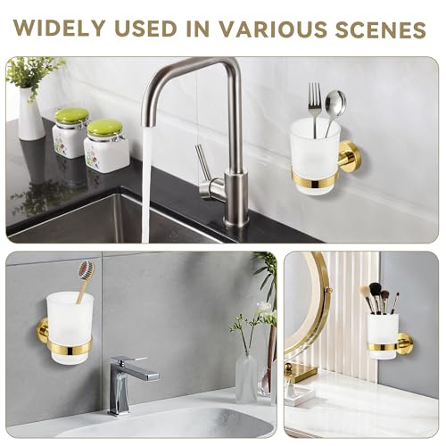 Toothbrush Holder with Frosted Glass Cup, Stainless Steel Wall Mounted Mouthwash Tumbler Holder for Bathroom, Toothpaste & Toothbrush Organizer, Brushed Gold - color: Gold