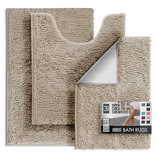 Hearth & Harbor Bathroom Rugs, Chenille Bath Mat - Machine Washable Bath Mats for Bathroom Non-Slip Backing Rubber, Quick Dry Mat - Beige Bath Rug, 17x24-20x32-20x24 - color: Beige, style: 17x24 / 20x32 / 20x24
