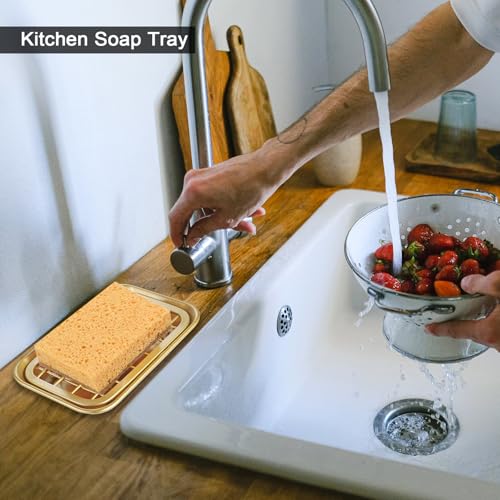 Kitchen and Bathroom Soap Dish Tray - Metal 2-Piece Soap Dish Tray with Drainage Grid and Holder for Kitchen Sink Countertops to Store Soap, Sponges, Scrubbers - Rust Resistant (2 Pack, Gold) - color: Gold