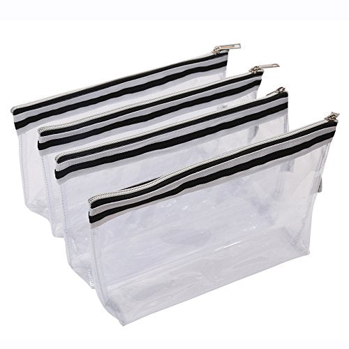 Multi-purpose Waterproof Clear Vinyl Zippered Toiletry Cosmetics Makeup Pouch With French Tape 4-pack - size: Large