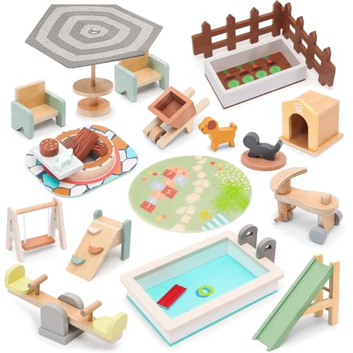 HAPGFS Wooden Doll House Furniture and Accessories Outdoor Play Set for Kids- Includes Slide, Swing, BBQ Grill, Pool & Garden - Perfect Doll House Decor Gift for Children 3-6 Years Birthday Christmas - style: Outdoor
