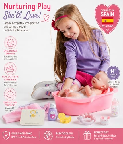 8 piece Layette Deluxe Bathtub Gift Set | JC Toys - La Newborn | 14" Life-Like Smiling Vinyl Newborn Doll w/ Accessories | Pink | Waterproof |Ages 2+ - color: Bath Pink