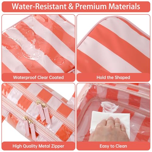 Travel Toiletry Bag for Women, Waterproof Clear Coated Portable Stripe Makeup Cosmetic Bag with Compartment, Travel Organizer for Shampoo, Conditioner, Brushes Set,Cosmetic Accessories(Pink-Orange) - color: Pink-Orange