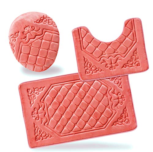 All American Collection 3PC Memory Foam Bath Mats Soft Plush Crown Design Anti-Slip Shower Bathroom Contour Toilet Lid Cover Rugs (Peach) - color: Peach