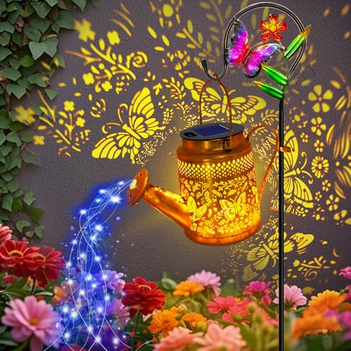 ANGMLN Butterfly Solar Lights Outdoor Waterproof, Solar Watering Can Lights with Shepherd Hook, Metal Hanging Lantern Garden Decor Yard Outside Patio Lawn, Gifts for Mom Grandma Women Birthday - color: Butterfly