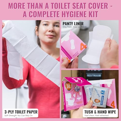 The Restroom Kit Plus: All-in-One Hygiene Travel Kit for Women, 12-Pack with Panty Liner, Patented Seat Cover, 3-Ply Toilet Paper, and Wipes - color: Pink, size: 12 Count (Pack of 1)