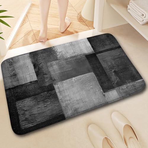 Abstract Black Grey White Bath Rug, Modern Minimalist Art Floor Mat Non-Slip Microfiber Soft Plush Bathroom Mat Carpets Floor Mat for Bedroom Kitchen Bathroom Toilet 17x29 Inch - color: Black Grey
