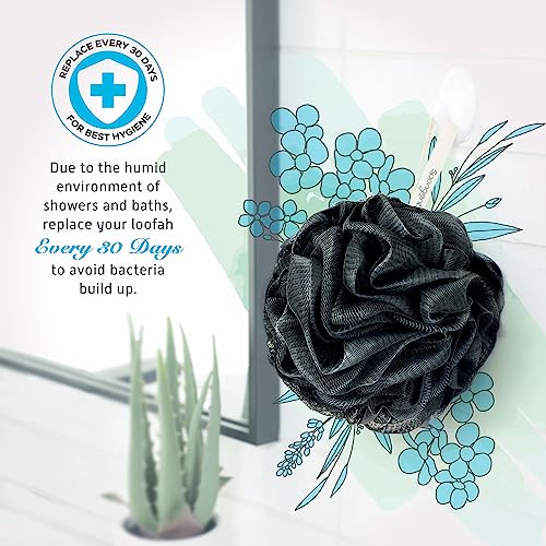 Spongentle Shower Loofah Bath Sponge, Body Scrubber with Soft Mesh, Exfoliating Bath Pouf with Activated Charcoal, Bath Sponge for Women & Men, Bath Accessories for Scrubber Cleaning Tool, 60g 4 Pack - style: Charcoal Black