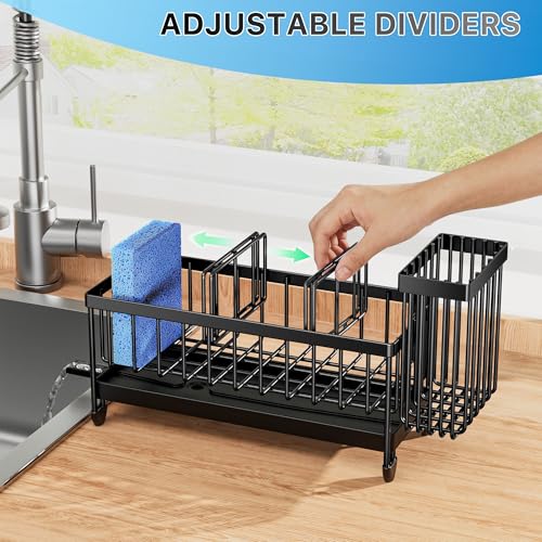 Cisily Sponge Holder for Kitchen Sink, Sink Caddy Organizer with High Brush Holder, Kitchen Countertop Organizers and Storage Essentials, Rustproof 304 Stainless Steel (Black, 9.25″) - color: Black - 9.25″