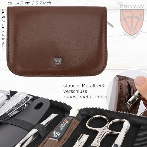 3 Swords Germany - brand quality 10 piece manicure pedicure grooming kit set for professional finger & toe nail care tweezers file clipper fashion leather case in gift box, Made by 3 Swords (01610) - color: BROWN