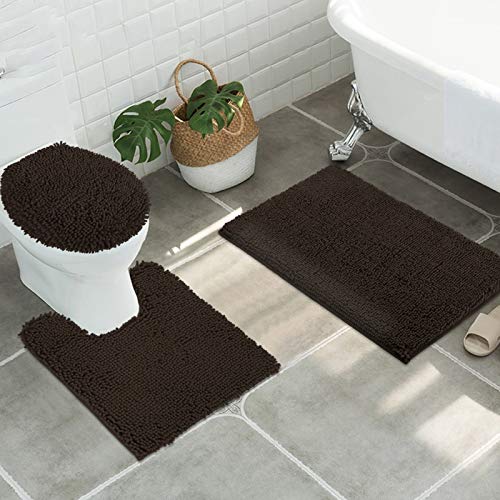 ITSOFT Standard 3pc Non-Slip Shaggy Chenille Bathroom Mat Set, Includes 24"x21" U-Shaped Contour Toilet Rug, 34"x21" Bathmat and 1 Toilet Lid Cover, Chocolate Brown - color: Chocolate Brown, size: 24''x21’’, 34’’x21’’ and TLC (Set)