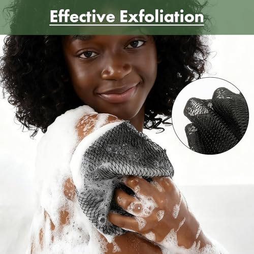 Bathway African Net Sponge Authentic with Handles (Set of 2), African Exfoliating Net Sponge, Exfoliating Body Scrubber Bath Sponge - Bathing Accessories with Storage Bag (Blue & Black) - color: Blue & Black