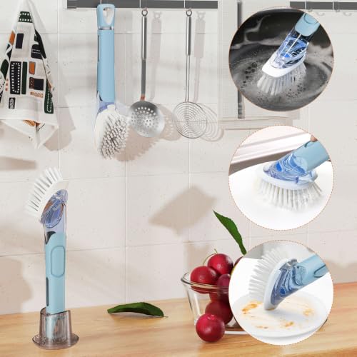 Soap Dispensing Replacement Dish Brush with 2 PCS Brush Refills & Holder | RIMAY Dispenser Scrub Cleaning Scrubber Kitchen Dishwashing Dish Wand Handle for Dishes/Pans/Pots/Sink(Blue) - color: Blue