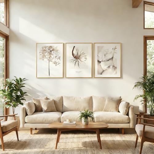 (Freedom. Life. Goals)Bohemian Neutral Wall Art Set of 3, Framed Beige Dandelion, Epiphyllum & Ocean Wave Crystal Prints with Gold Frame, Minimalist Botanical Wall Decor for Living Room Bedroom Bathroom（24 inches *16 inches）