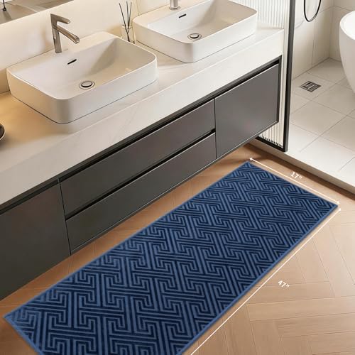 YIHOUSE Navy Blue Bathroom Runner Rugs 17"x47", Quick Dry Non Slip Long Bath Rug, Absorbent Machine Washable Thin Bath Mat for Restroom Floor Tub Laundry Room Home Decor - color: Navy Blue, size: 1'5" x 3'11" (Rectangular)