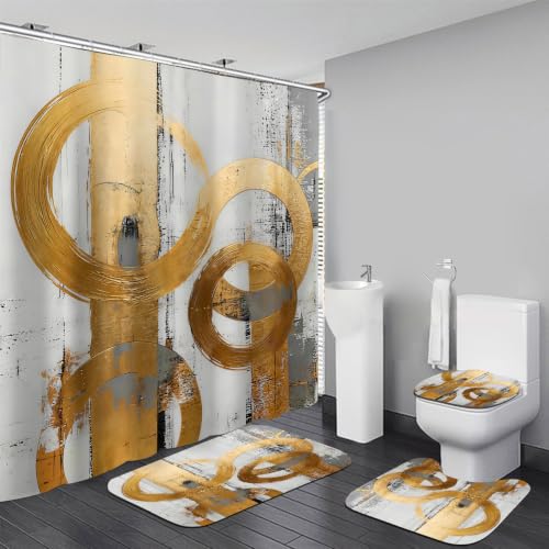 Chrainy 4pcs Golden Ring Shower Curtain Set for Bathroom Geometric Abstract Bathroom Decor Sets with Shower Curtain and Rugs - color: Golden
