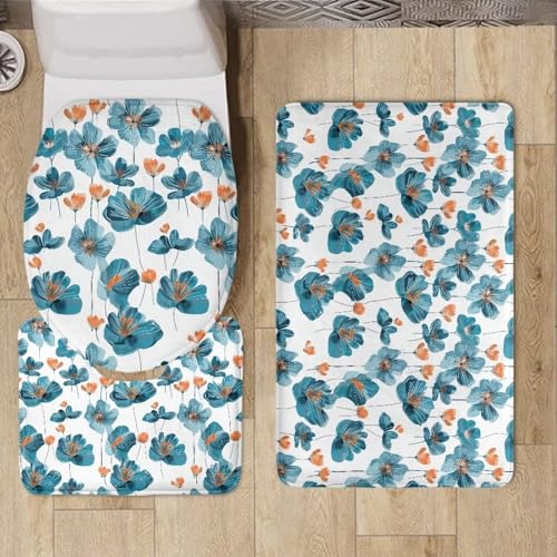 Blue Floral Soft Bathroom Carpet 3 Piece Bathroom Rugs and Mats Sets Non-Slip Mat Set Toilet Mat Set Bath Mats Set 3 Piece Set,with U-Shaped Toilet Floor Mat Non Slip Rugs - color: Blue Floral
