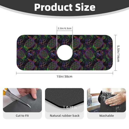 Sea Turtle Psychedelic Mandala Boho Colors 15" X 5.5" Kitchen Sink Splash Guard Faucet Faucet Guard Draining Mat Sink Splash Guard Faucet Kitchen Bathroom - color: Sea Turtle Psychedelic Mandala Boho Colors