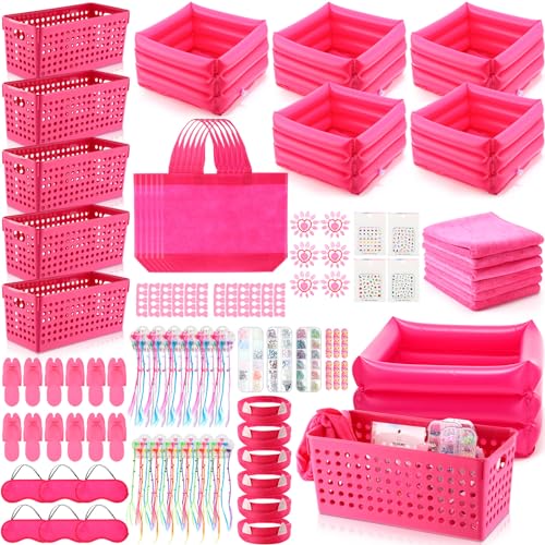 85 Pcs Spa Kit Nail Art Kit Sleepover Party Supplies with 12.5 x 12.5 in Inflatable Foot Tubs Foot Bath Towel and Basket DIY Manicure Pedicure Set for Slumber Party(Rose Red) - color: Rose Red
