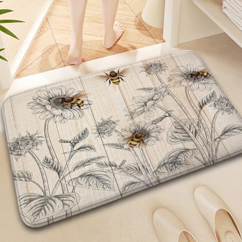 Country Bee Farmhouse Honeybee Flowers Floral Sunflower Bath Rug, Non-Slip Microfiber Soft Plush Modern Bathroom Mat Carpets Floor Mat for Bedroom Kitchen Bathroom Toilet 17x29 Inch - color: Yellow