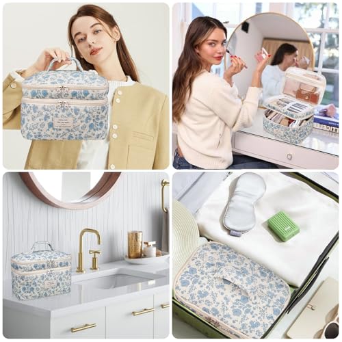 Gosect Makeup bag, Large Cosmetic Bag for Women Girls, Cute Quilted Makeup Bags, Floral Coquette Aesthetic Toiletry Bag, Travel Make Up Organizer Bag (Blue Bow) - color: 020Blue Bow