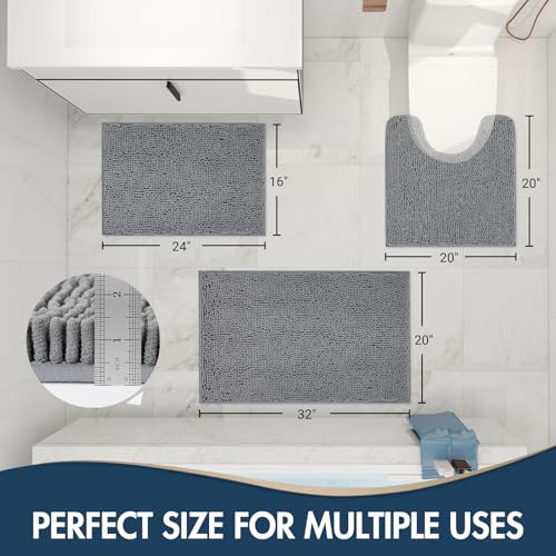 TREETONE Bathroom Rugs Sets, Thick Soft Absorbent 3 Piece Chenille Bath Rugs, Non-Slip, Dry Quickly, Machine Washable, Shaggy Mats with U-Shaped Toilet Rug for Bathroom Floor, Tub and Shower, Grey - color: Grey, size: 16"x24"+20"x32"+U Shape 20"x20"