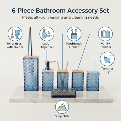 Blue Bathroom Accessory Set, 6 PCS Blue Bathroom Accessories Set, Soap Dispenser, Toothbrush Holder, Soap Dish, Mouthwash Cup, Cotton Swab Holder and Toilet Brush, Acrylic - color: Blue