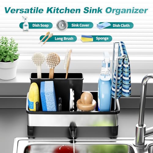 Ewaiira Stainless Steel Sink Caddy, Sponge Holder for Kitchen Sink with Brush Holder and Towel Rack, Sink Organizer for Countertop, Soap Kitchen Organizers Storage Essentials (A-Black) - color: A-black