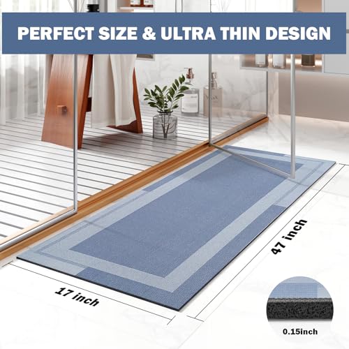 YDKGL Non Slip Long Bath Mat Bathroom Runner, Rubber Backing Ultra Thin Bathroom Rugs Fit Under Door Quick Dry Super Absorbent Washable Bath Rug Shower Mat for Bathtub Sink Floor, Blue 17"x47" - color: A- Blue, size: 17” x 47“
