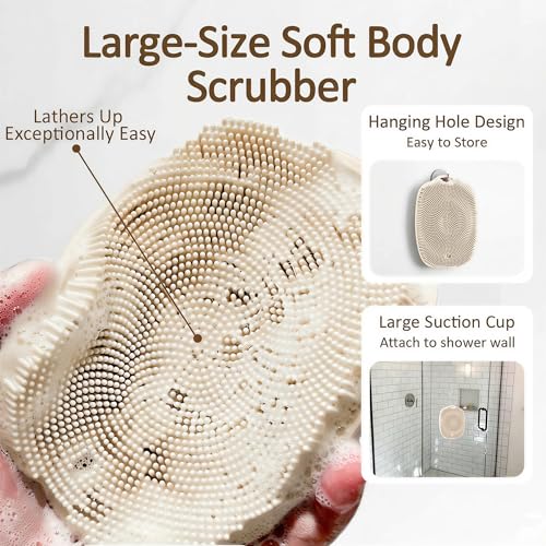 Soft Silicone Body Scrubber, Gentle Like a Hand Exfoliating Your Skin and Build Up Lather Easily, Back Large Suction Cup Easy to Store, Long-Lasting & Deep Clean (Beige) - color: Beige