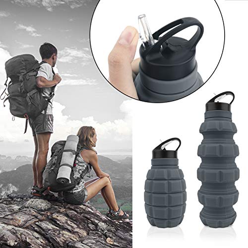 QiCheng&LYS 19.5oz Collapsible Travel Water Bottle, Reuseable BPA Free Silicone Foldable Water Bottles for Travel Gym Camping Hiking, Portable Leak Proof Sports Water Bottle with Carabiner(Gray) - color: Gray