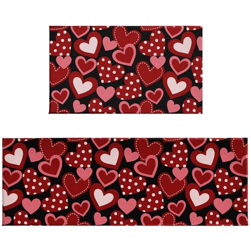 Valentines Day Kitchen Mats for Floor 2 Pcs Red Love Heart Washable Runner Rug Non Slip 17"x47"+17"x30", Romantic Valentine's Day Kitchen Rugs Set for Anniversary Wedding Holiday Home Decor - color: Red Love Hearts