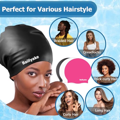 3 Pack Extra Large Swim Cap for Braids & Dreadlocks - Waterproof Silicone Swim Hat for Women with Long Thick Hair, Protective Swim Cap Cover Ears for Swimming, Shower, Bathing - color: Black+Pink+White