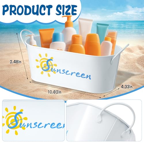 2 Pack Metal Sunscreen Pool Storage Bucket Poolside Basket Box with Handle Above Ground Pool Bin for Swimming Camping Beach Indoor Outdoor Sunscreen Sunblock Sunglasses Accessories(White)