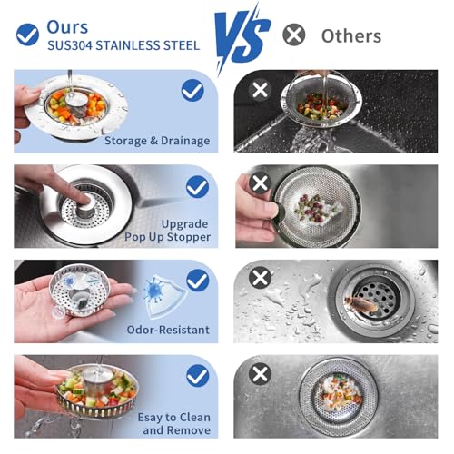 3-in-1 Kitchen Sink Drain Strainer - Pop Up Sink Stopper, Stainless Steel Sink Drain Strainer, Kitchen Sink Stopper & Drain Plug with Anti-Clogging Basket,Sink Strainer Fits US Standard 3-1/2'' Drains - color: Sus304 Brushed 1pack
