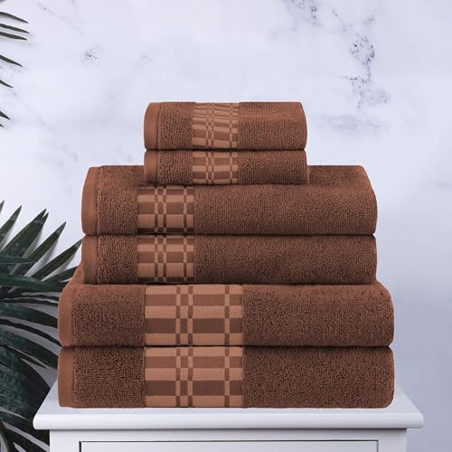 Superior 6-Piece Cotton Towel Set, Geometric Design, Dobby Border, Plush Quick Dry Towels, Decorative Bathroom, Spa, Includes 2 Bath, 2 Hand, 2 Face Towels/ Washcloth, Larissa Collection, Chocolate - color: Chocolate, size: 6 Piece Towel Set
